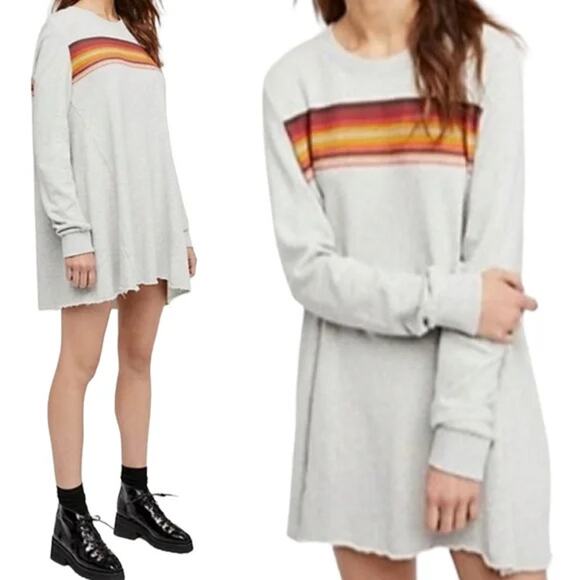 Free People Dresses & Skirts - Free People Retro Stripe Oversized Sweatshirt Mini Dress Stripe Gray Size Medium
